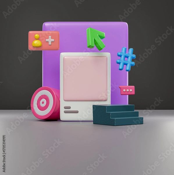 Fototapeta Social media post frame surrounded by social media icons. digital advertising, content marketing, online campaign concept. 3d rendering