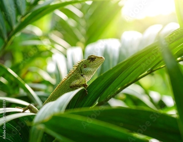 Fototapeta Lizard on lush palm leaves