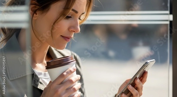 Obraz Elegant woman checking her smartphone while enjoying a morning coffee by a window.
