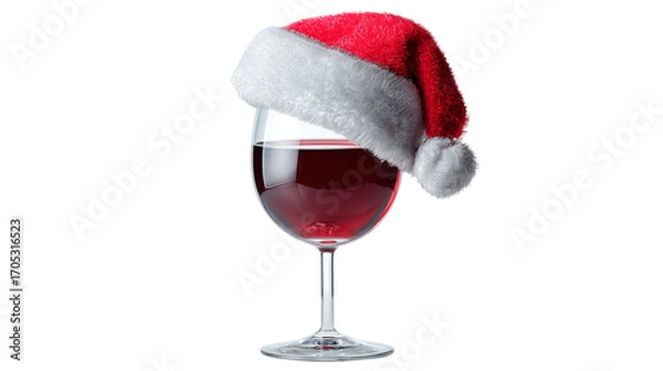Fototapeta Close-up of a red wine glass wearing a miniature Santa hat, sparkling festive atmosphere on transparent png background. Ai generated