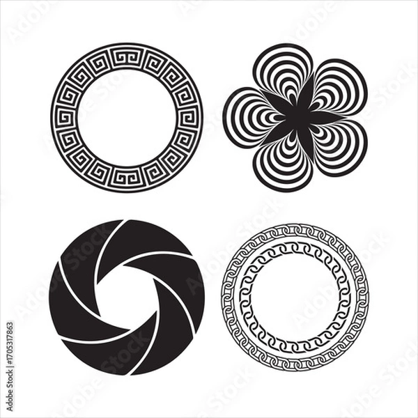 Fototapeta Four decorative circular graphic elements including greek key flower and aperture designs