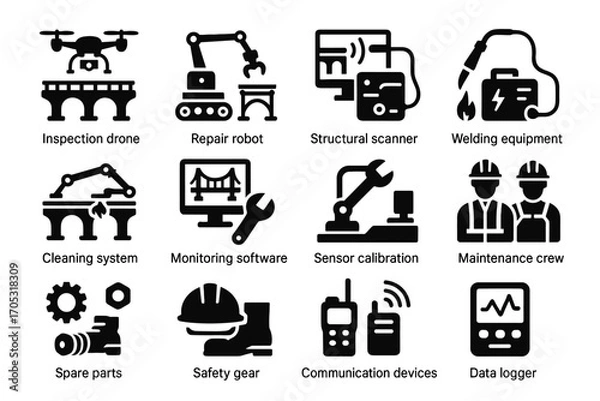 Fototapeta Bridge cleaning maintenance vector parts calibration welding icon sensor virtual spare monitoring