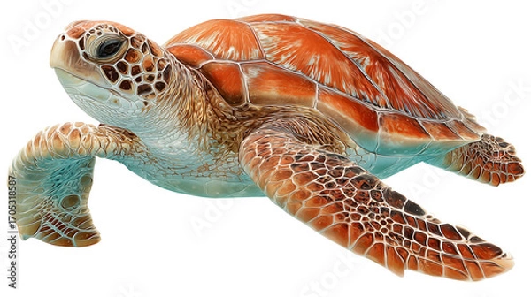 Fototapeta Detailed view of a green sea turtle with orange shell, realistic textures on transparent png background. Ai generated