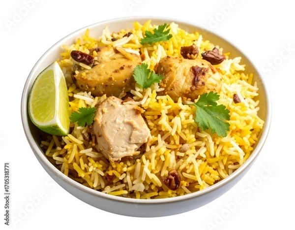 Fototapeta Bowl of flavorful biryani with chicken and lime