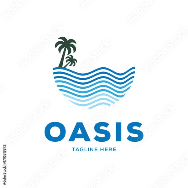 Fototapeta Illustration of a beautiful beach with calm palm trees and waves logo design.