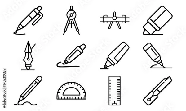 Fototapeta Essential Stationery and Drawing Tools Icons – Pen, Fountain Pen, Marker, Highlighter, Compass, Ruler, Protractor, Sharpener and Design Equipment Outline Set for School, Office and Creative Work