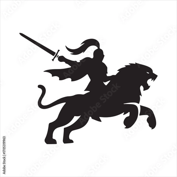 Obraz Silhouette of a warrior on a roaring lion holding a sword aloft