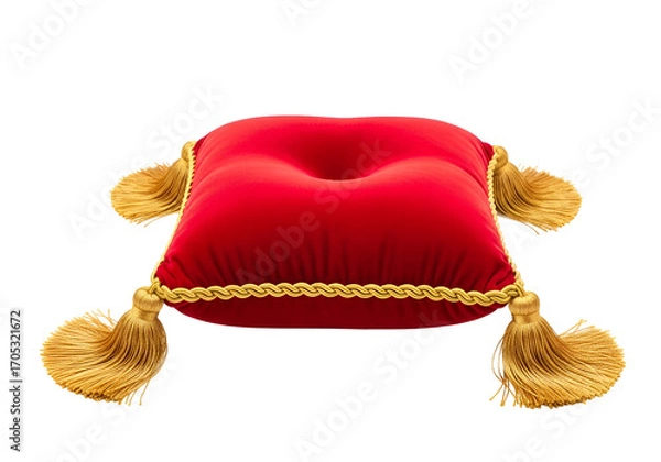 Obraz A rich, red velvet cushion, adorned with golden tassels and trim, sits against a striking black backdrop.
