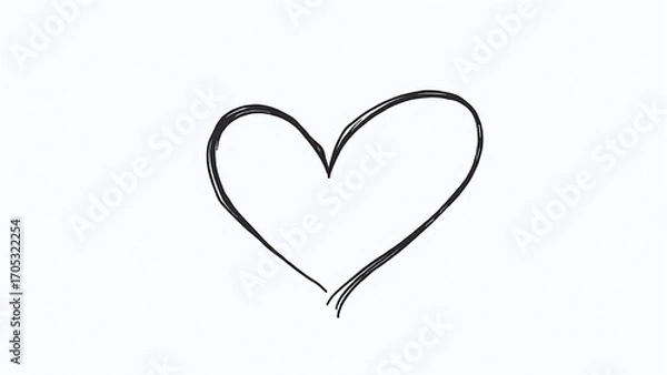 Fototapeta Hand-drawn heart floats alone, black line on white silence.  
