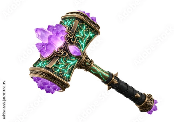 Obraz A detailed close-up of a magnificent ornate hammer, adorned with glowing purple crystals and vibrant green accents, set against a stark black background.