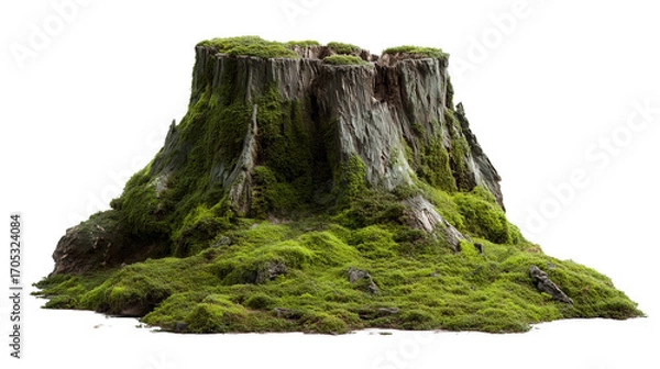 Fototapeta Realistic wooden tree stump mockup with soft moss covering, natural textures on transparent png background. Ai generated