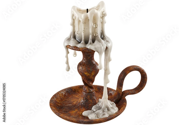 Obraz A detailed image of a rusty candleholder with melting candle wax, showcasing intricate details and dramatic lighting against a black backdrop.