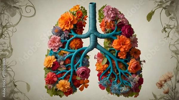Fototapeta Floral lungs made of colorful flowers and leaves on a neutral background, symbolizing health, nature, and breathing in an artistic medical-botanical concept.