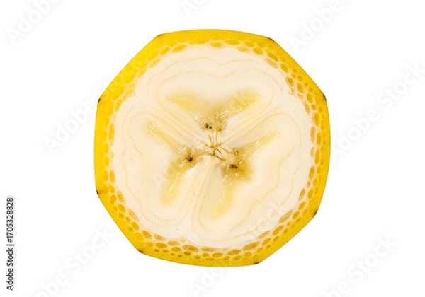 Obraz A close-up, detailed view of a perfectly circular cross-section of a ripe banana, showcasing the intricate honeycomb-like texture of the peel and the creamy yellow flesh, against a stark black...