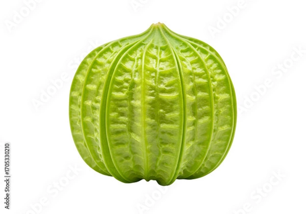 Obraz Vivid, vibrant lime green seed pod, displaying intricate, ribbed texture against a stark black background.