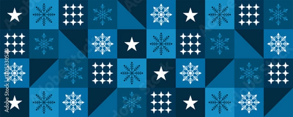 Fototapeta Abstract geometric vector seamless pattern. Winter design with snowflakes and stars. Christmas pattern for textile or wrapping paper