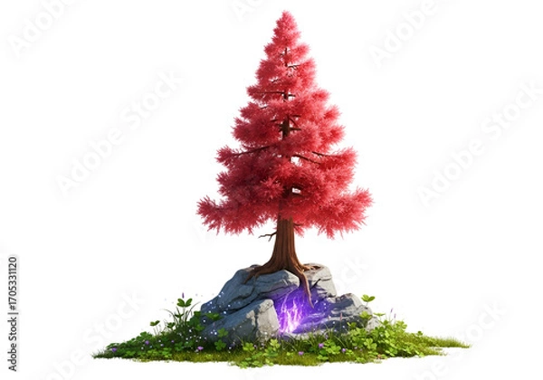 Obraz A vibrant, digitally rendered tree with a striking shade of pink stands tall on a rocky outcrop, surrounded by lush greenery and a mystical purple glow emanating from the base.