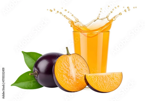 Obraz Vibrant plum juice splash with fresh fruit slices, showcasing a glass of juice and contrasting colors against a dark backdrop.