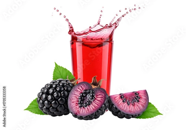 Obraz Vibrant red juice splash, highlighted by fresh blackberries and purple fruit slices, creating a visually appealing and healthy beverage presentation.