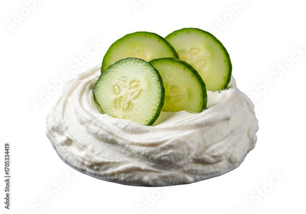 Obraz Freshly sliced cucumbers atop a mound of whipped cream, creating a visually appealing and healthy food presentation.