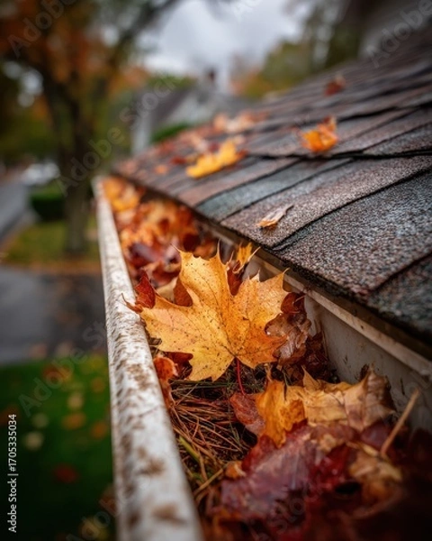 Fototapeta Rain gutters at a residential property show large, vibrant autumn leaves inside, alongside some pine needles, captured during an overcast afternoon