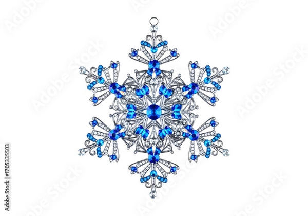 Obraz A detailed ornate snowflake design, studded with brilliant blue and clear gems, is set against a stark black backdrop.