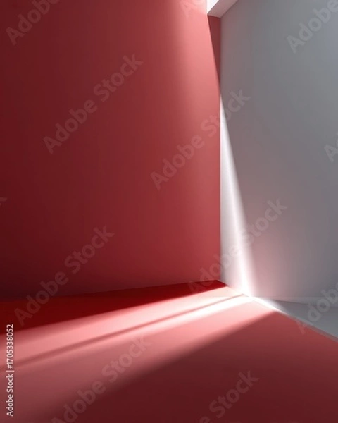 Fototapeta Soft light fills a minimal area where light red walls meet gray tones, enhancing the tranquil ambiance. The gradient creates an inviting, peaceful setting ideal for relaxation