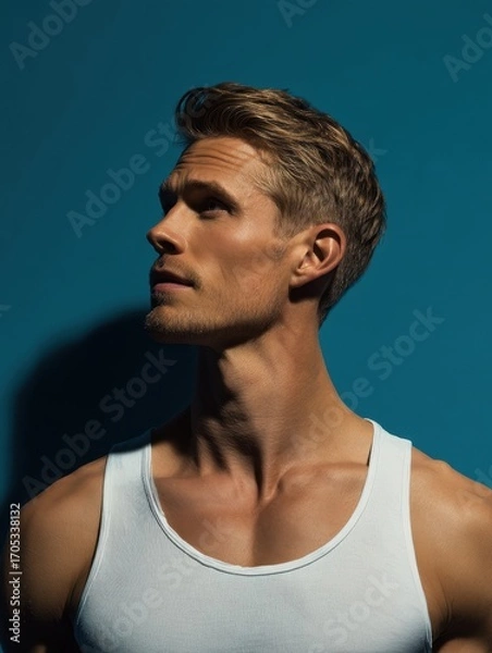 Fototapeta Ethan K displays a thoughtful expression while leaning slightly to one side. The blue backdrop creates a striking contrast with his white tank top, showcasing his fit physique