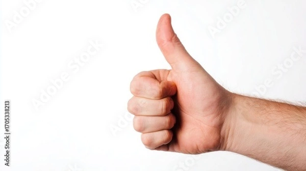 Fototapeta A hand shows a thumbs up signal against a white background. The gesture symbolizes support and approval, conveying a positive and encouraging message in a simple and clear manner