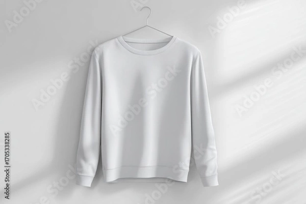 Fototapeta A white long-sleeved hoody made from thick cotton fabric hangs neatly against a plain wall. Soft, natural light illuminates the texture and color of the garment