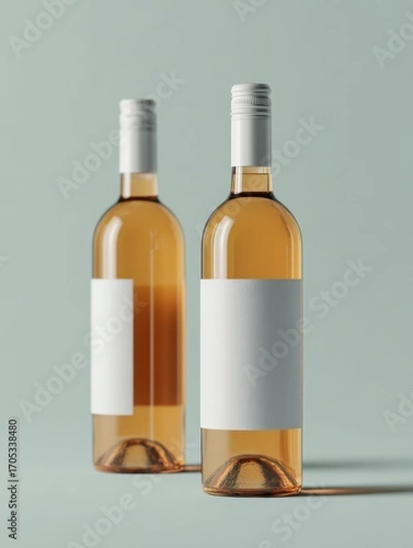 Fototapeta Two stylish wine bottles with blank labels are displayed prominently against a soft blue background. The clean and modern aesthetic highlights their elegant shape and color