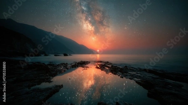 Fototapeta A stunning night sky filled with stars and the Milky Way shines down on calm water, creating a beautiful reflection against the dark silhouettes of mountains. The tranquil atmosphere invites serenity