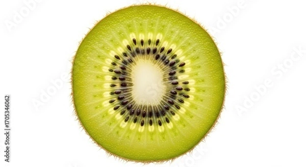 Fototapeta Close up of a vibrant green kiwi slice against a clean white background studio shot