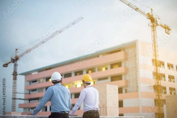 Fototapeta Smiling young architect or engineering builder in hard hat with tablet over group of builders at construction site, architect watching some a construction, business, building, industry, people concept