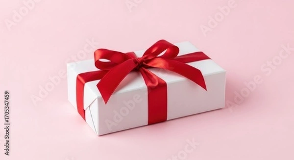 Fototapeta Elegant white gift box with a vibrant red ribbon on a soft pink background