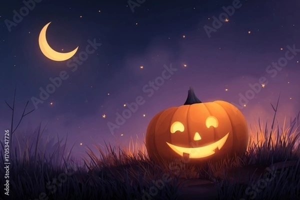 Fototapeta Glowing jack-o'-lantern in moonlit grass with starry night sky