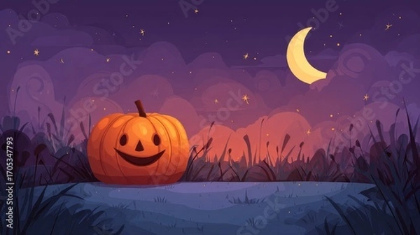 Fototapeta Halloween night scene with smiling jack-o'-lantern and crescent moon in starry sky