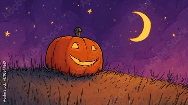 Fototapeta Smiling jack-o'-lantern on grassy hill under crescent moonlit starry sky