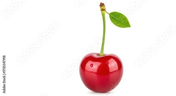 Fototapeta Single ripe cherry with stem and leaf isolated against a clean white background