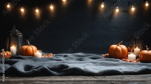 Fototapeta Rustic halloween still life with pumpkins, candles, and string lights on wooden table