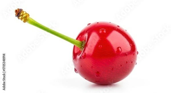 Fototapeta Fresh red cherry with water droplets on a white background close up studio shot