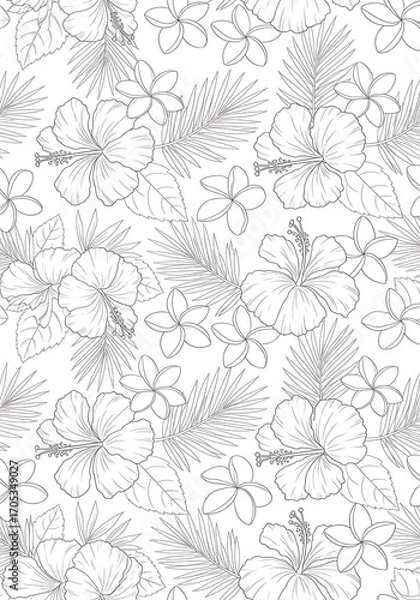 Fototapeta Delicate line drawing of Hibiscus and Plumeria in a floral pattern