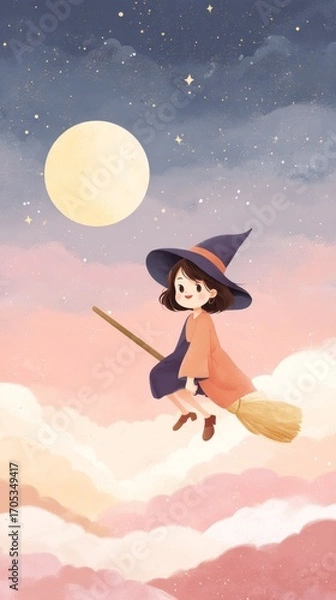 Fototapeta Young witch flying on broomstick under moonlit sky with clouds