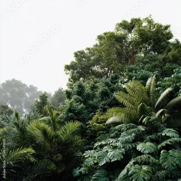 Fototapeta A tropical rainforest canopy full of dense green leaves isoleted on white background.