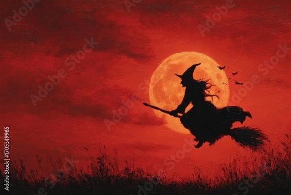 Fototapeta Silhouette of a witch flying on broomstick against full moon and red sky