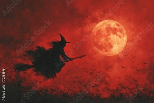 Fototapeta Silhouette of witch flying across red sky with full moon and bats
