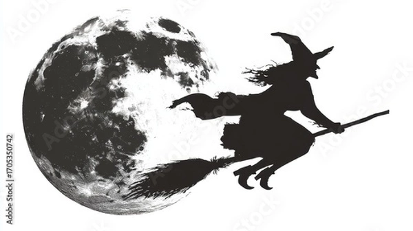 Fototapeta Silhouette of a witch flying on a broomstick against a full moon