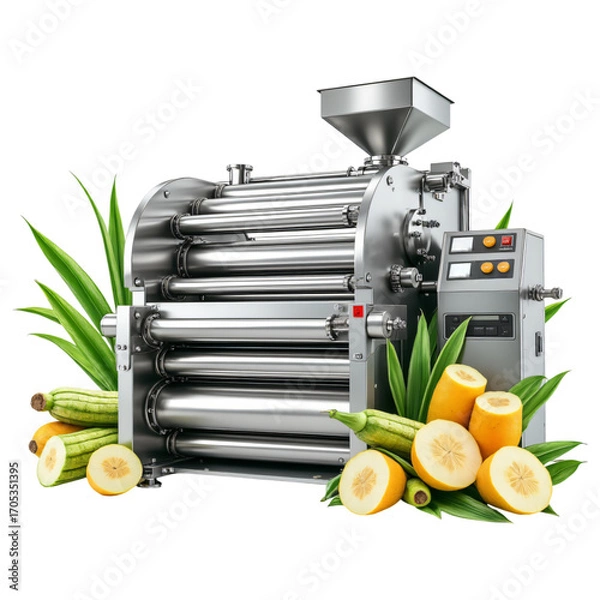 Fototapeta High quality fruit juice extractor machine with stainless steel design, surrounded by fresh