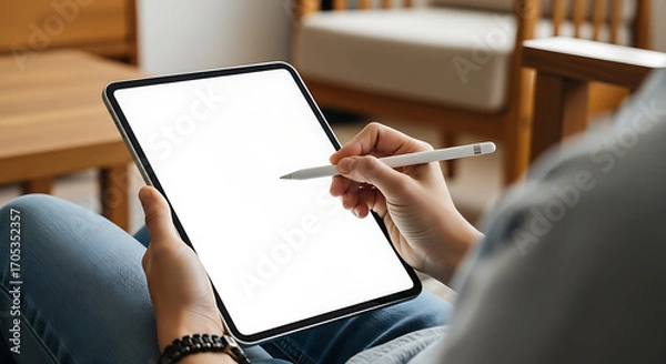 Fototapeta Person Using Tablet with Stylus for Digital Drawing or Note-Taking