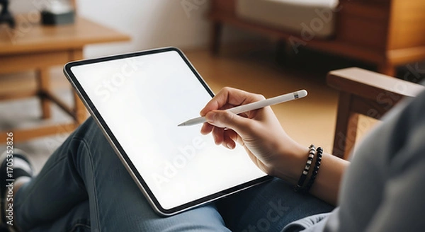 Fototapeta Close-up of a person using a digital tablet with a stylus for creative work and design activities